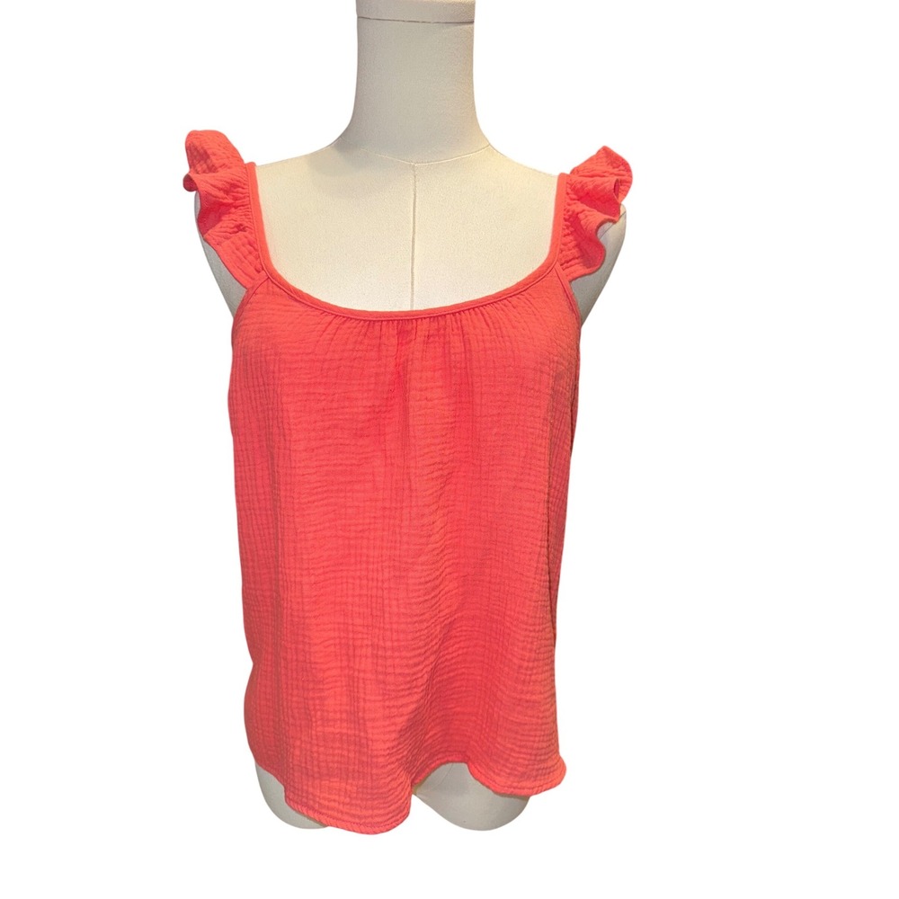 Drew ANTHROPOLOGIE Coral Pink Cotton Gauze Waffe Ruffle Tank Top‎ Small NWOT